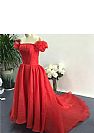 Red Hi Low Evening Dresses with Puff Sleeves