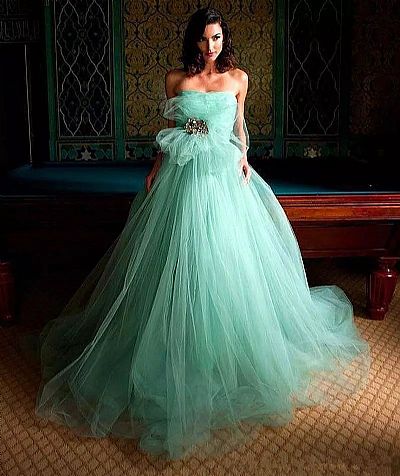 Strapless Mint Green Fluffy Tulle Prom Dresses