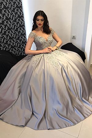 Gray Beading Appliqued Ball Gown Prom Dresses