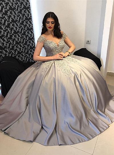 Gray Beading Appliqued Ball Gown Prom Dresses