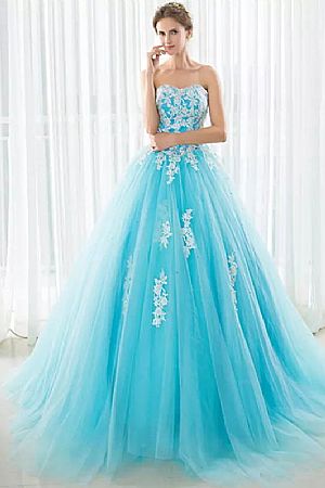 Sweetheart Blue Tulle Evening Dress with Appliques