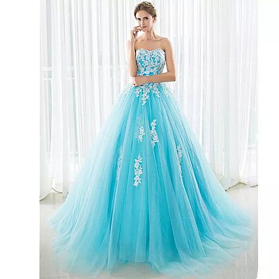 Sweetheart Blue Tulle Evening Dress with Appliques