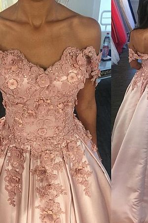 Off Shoulder Pink Floral Appliqued Evening Gowns
