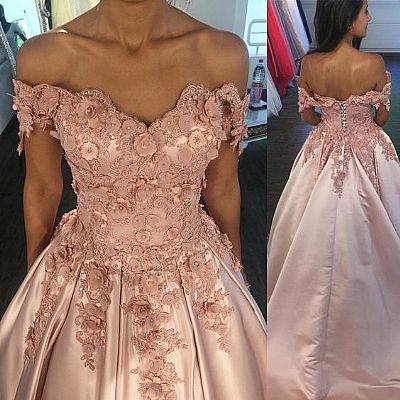 Off Shoulder Pink Floral Appliqued Evening Gowns