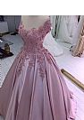 Off Shoulder Pink Floral Appliqued Evening Gowns