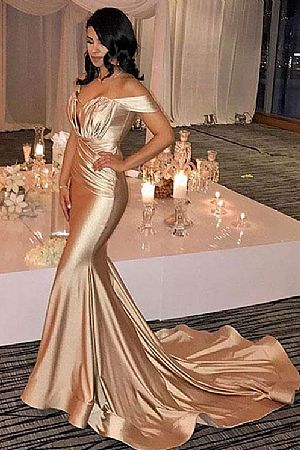 Ruched Gold Evening Gowns Off The Shoulder