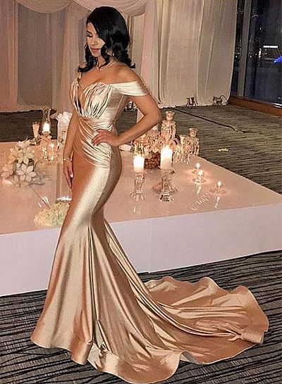 Ruched Gold Evening Gowns Off The Shoulder