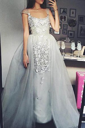 Gray Appliqued Long Evening Dresses Pageant Gowns