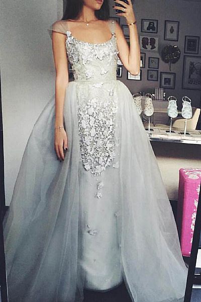 Gray Appliqued Long Evening Dresses Pageant Gowns