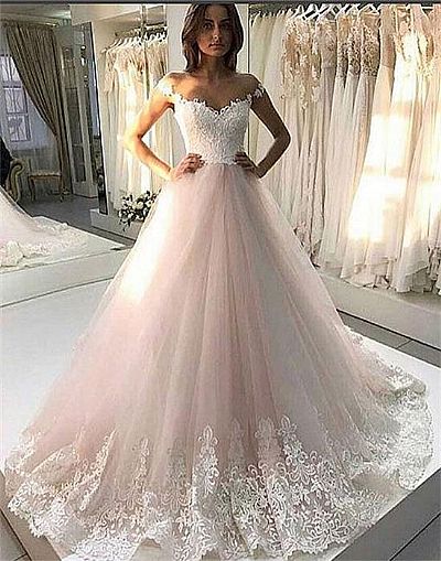 Sweet Blush Pink Evening Dress with White Appliques
