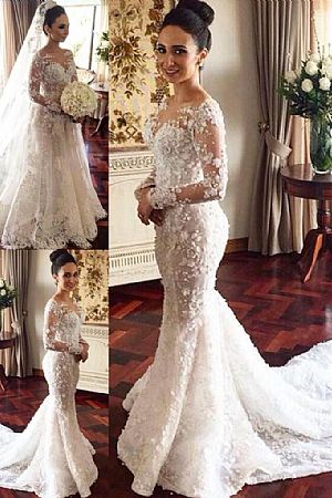 Beautiful Wedding Dress with Detachable Train and Floral Appliques