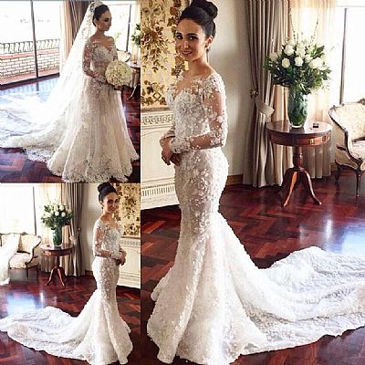 Beautiful Wedding Dress with Detachable Train and Floral Appliques