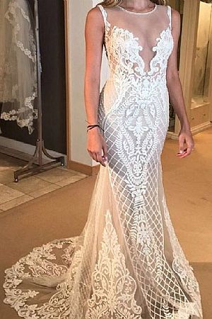 Embroidery Lace Wedding Dress with Removable Train