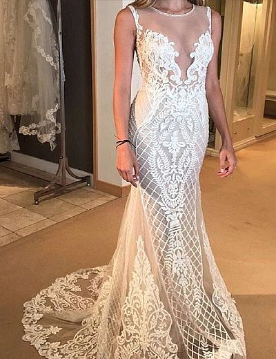 Embroidery Lace Wedding Dress with Removable Train