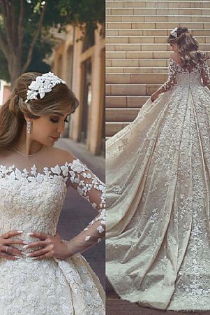 Ball Gown Wedding Dress with Floral Appliques & Crystals
