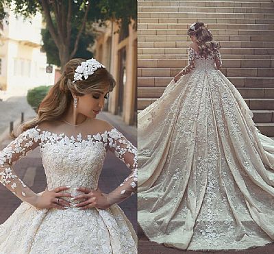 Ball Gown Wedding Dress with Floral Appliques & Crystals