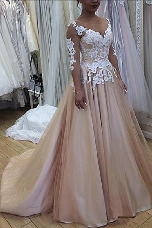 Champagne Wedding Dress with Appliqued Bodice Lace Up