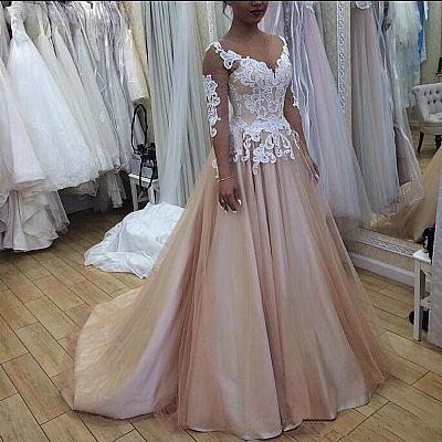 Champagne Wedding Dress with Appliqued Bodice Lace Up