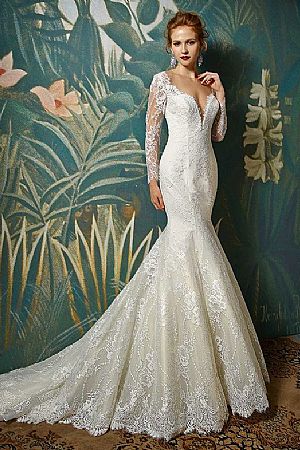 Unique Lace Appliqued Wedding Dress with Long Sleeves