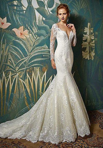 Unique Lace Appliqued Wedding Dress with Long Sleeves