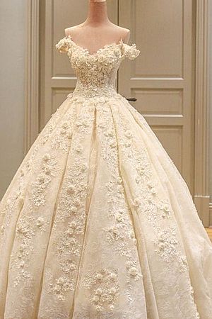 Off Shoulder Ball Gown Wedding Dress with Flowers