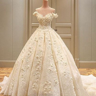 Off Shoulder Ball Gown Wedding Dress with Flowers