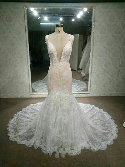 Sexy Backless Lace Wedding Dress with Plunging Neckline