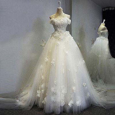 Off Shoulder Fluffy Tulle Wedding Dress with Flowers
