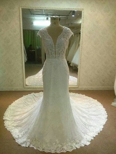 Amazing Lace Beaded Wedding Dresses with Plunging Neckline