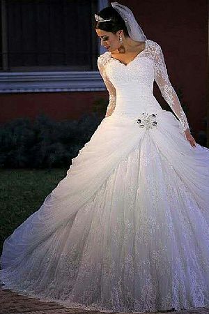 Designer Ruched Lace Ball Gown Wedding Dress