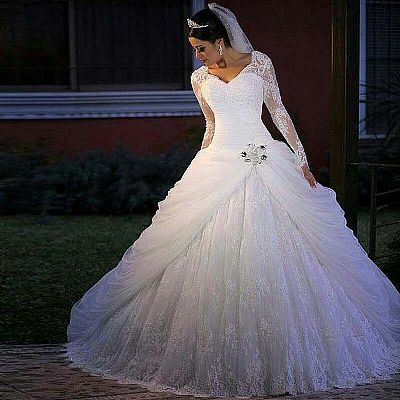 Designer Ruched Lace Ball Gown Wedding Dress