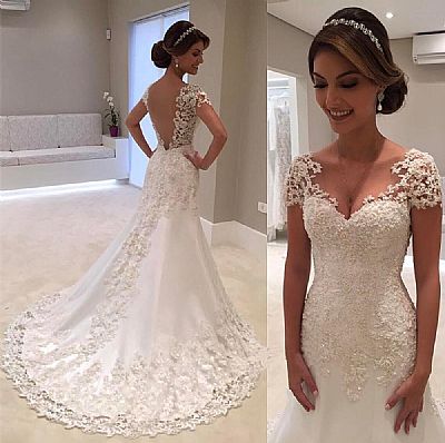 Simple and Elegant Lace Wedding Dress with Short Sleeves