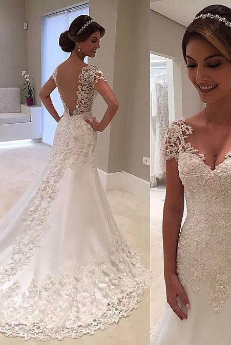 Simple and Elegant Lace Wedding Dress with Short Sleeves