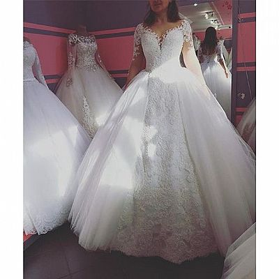 Gorgeous Satin Appliqued Ball Gown Wedding Dress