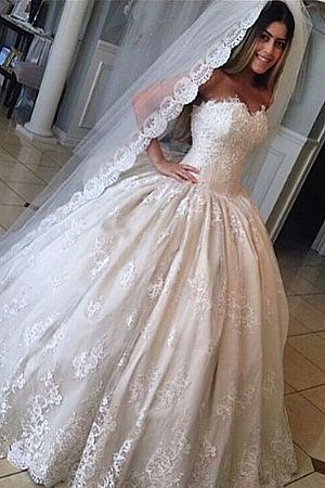 Strapless Satin Appliqued Ball Gown Wedding Dresses
