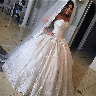 Strapless Satin Appliqued Ball Gown Wedding Dresses