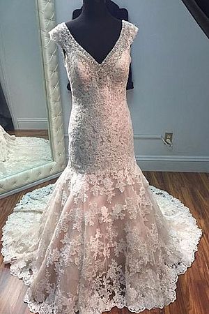 Vintage Lace Appliqued Wedding Dress with Beaded V-Neck