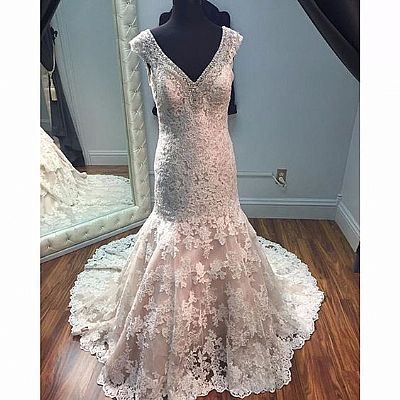 Vintage Lace Appliqued Wedding Dress with Beaded V-Neck