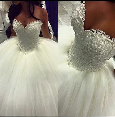 Romantic Sweetheart Fluffy Tulle Wedding Dress with Pearls