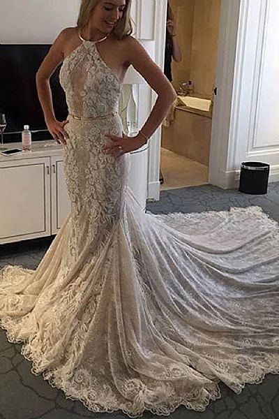Sexy Halter Floral Appliqued Wedding Gowns 2018