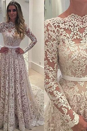 2017 Vintage Ivory Lace Wedding Dress with Belt