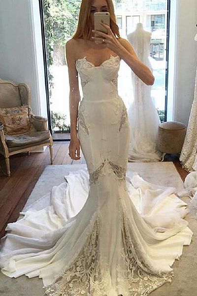 Sexy Crepe Mermaid Wedding Dresses with Lace Inset