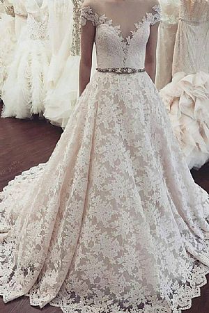 Fancy Lace Applique Wedding Dress with Belt