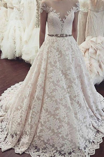 Fancy Lace Applique Wedding Dress with Belt