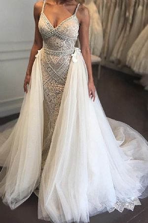 Spaghetti Straps Wedding Gowns with Removable Tulle Skirt