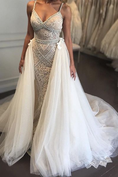 Spaghetti Straps Wedding Gowns with Removable Tulle Skirt