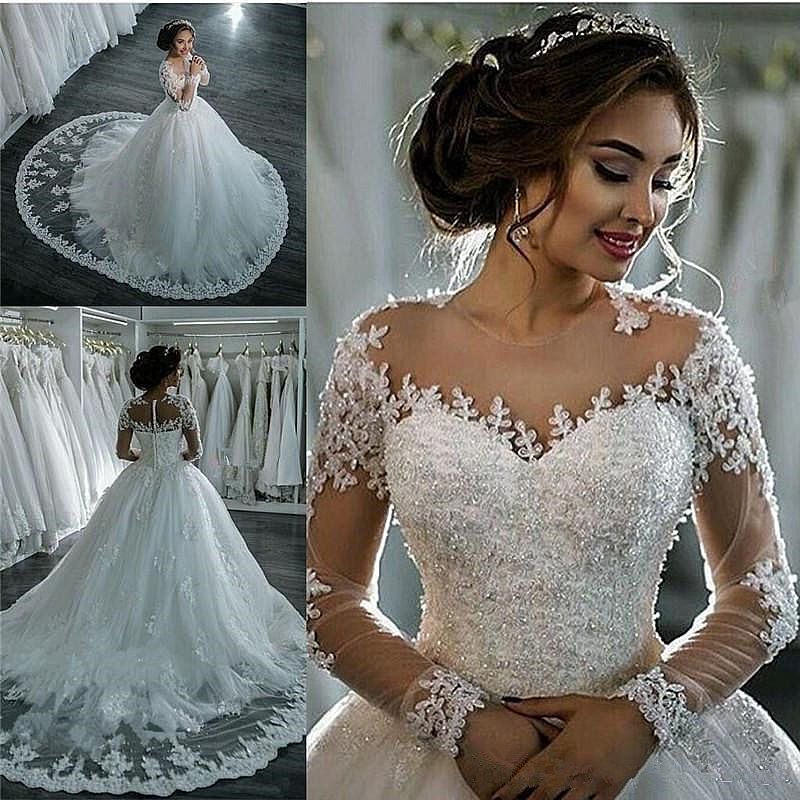 Princess Ball Gown High Neck Tulle Illusion Wedding Dress With Beading  Buttons