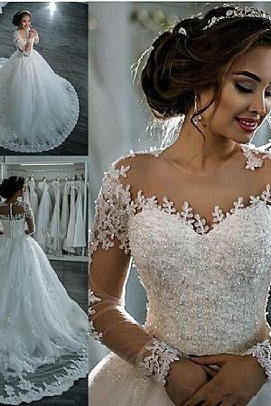 Lace Beading Ball Gown Wedding Dresses with Long Sleeves