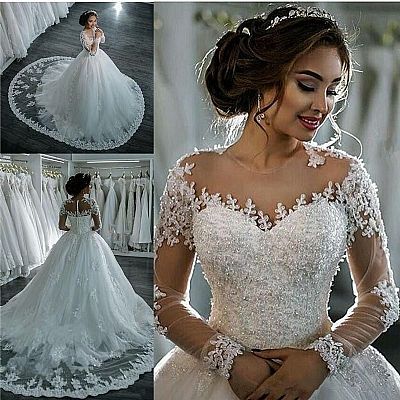 Lace Beading Ball Gown Wedding Dresses with Long Sleeves