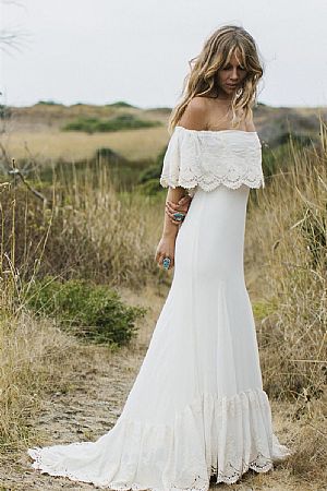 Designer Sexy Bateau Boho Beach Wedding Dress